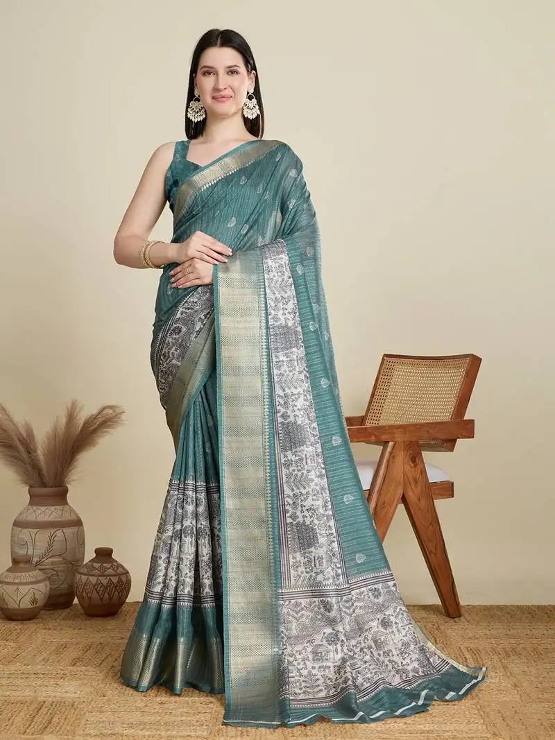 Rama green printed cotton silk saree with blouse piece