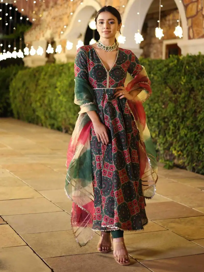 Multicolor digital print work muslin anarkali pant suit - full stitched suit