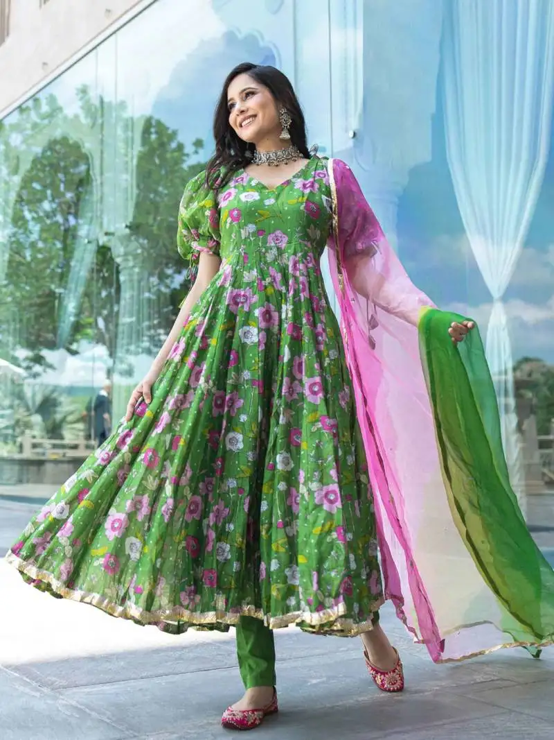 Green digital print work art silk anarkali pant suit - full stitched suit
