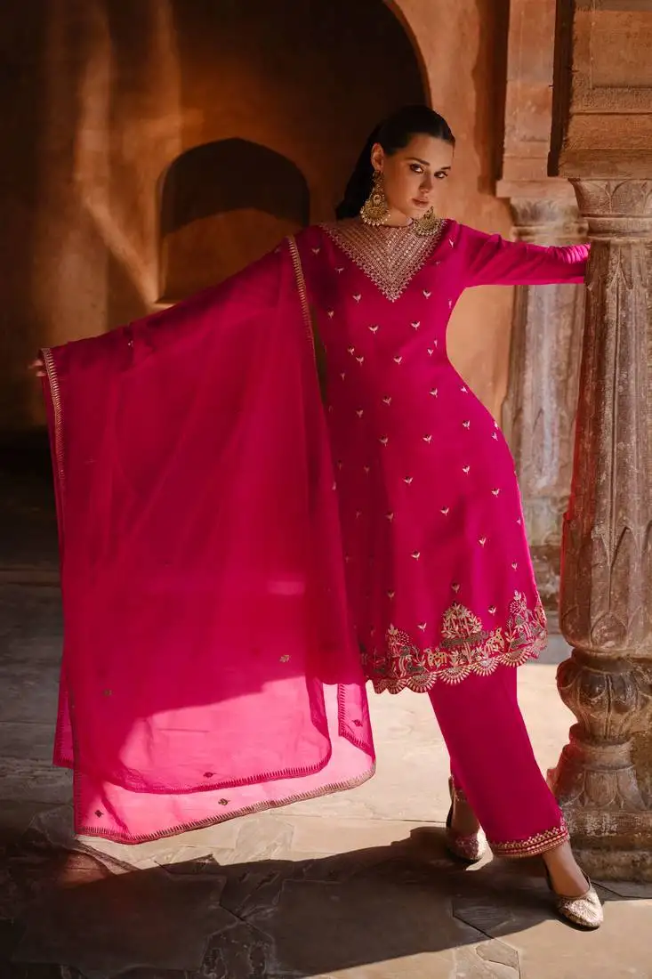 Pink embroidery & sequins work chinnon anarkali palazzo pant suit - full stitched suit