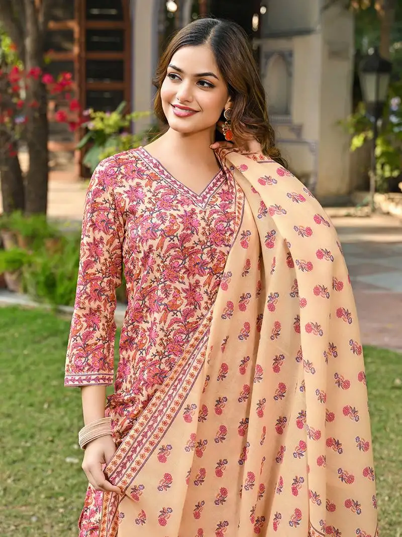 Women pink rayon blend floral printed straight kurta trouser and dupatta