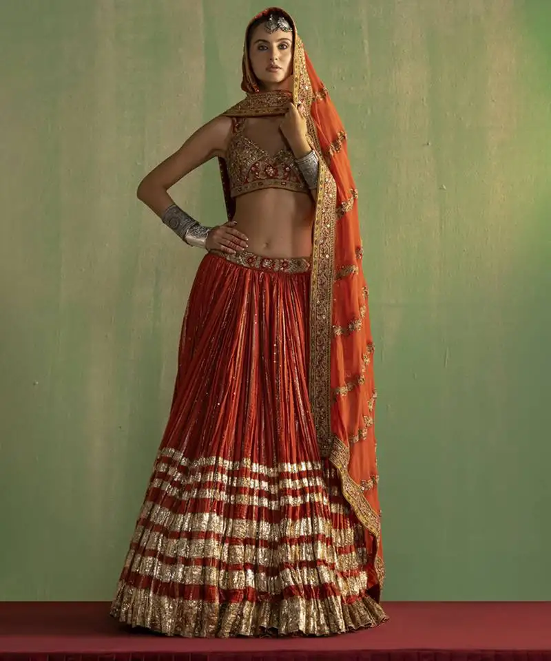 Rust embroidered lehenga