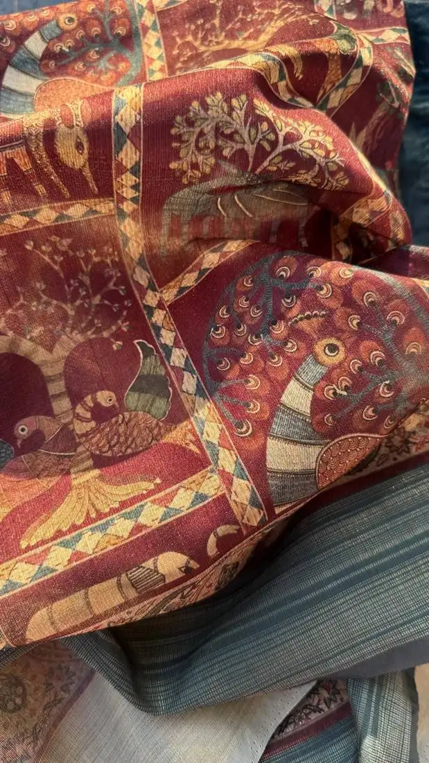 Wine digital animal printed poly cotton saree with blouse piece