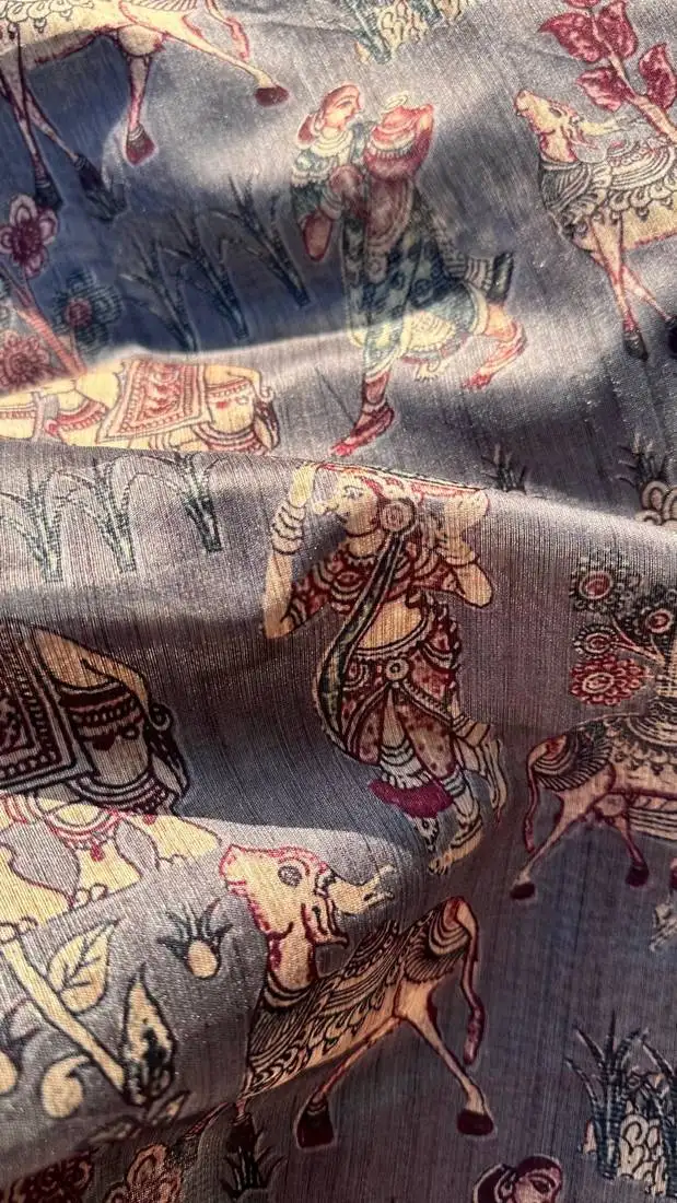 Grey digital animal printed poly cotton saree with blouse piece