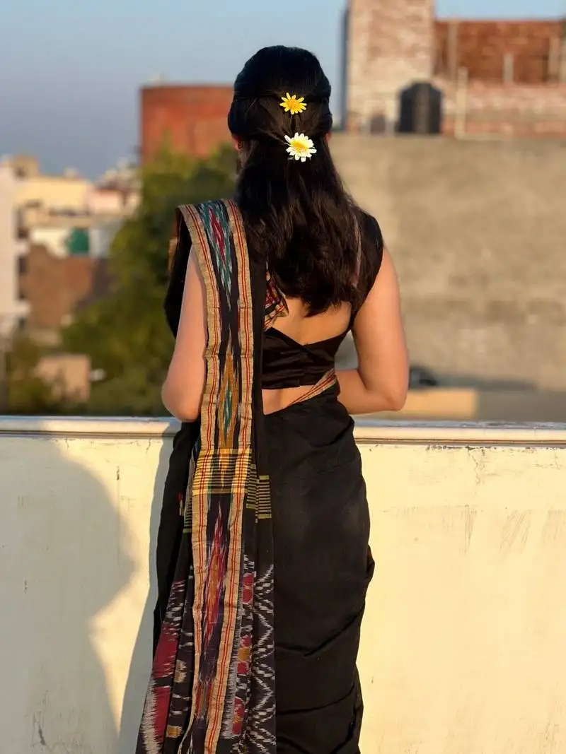 Black ikkat weave hand woven saree with blouse piecce