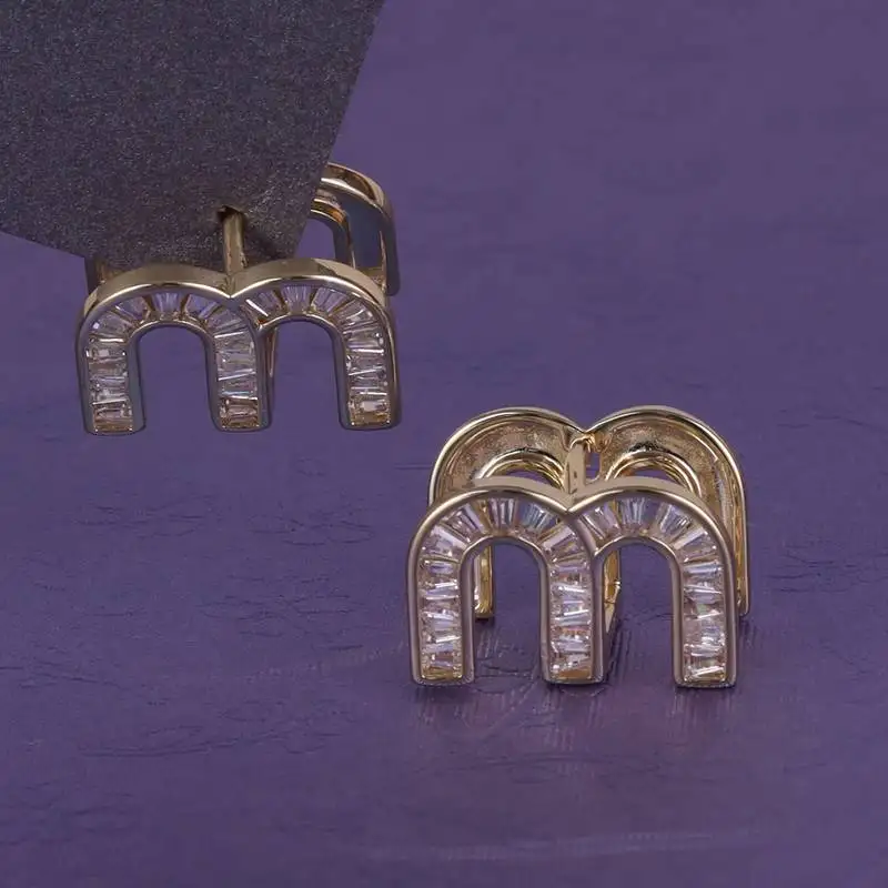 Crystal letter m charm gold plated stud earring for women