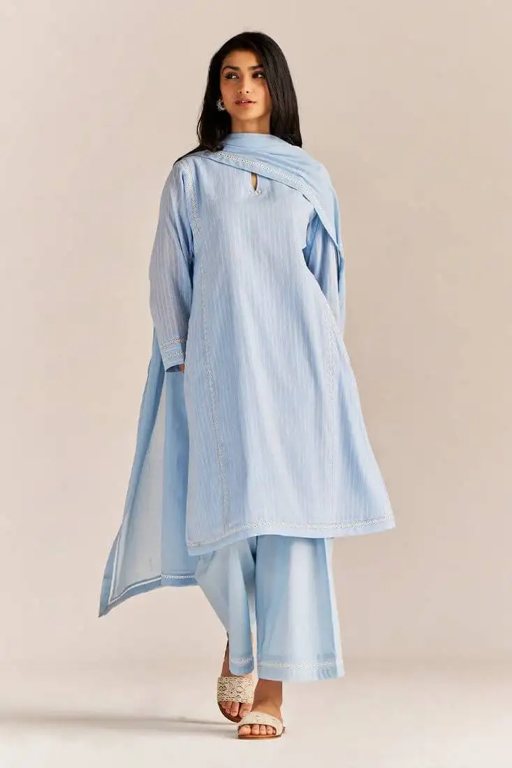Baby blue woven cotton kurta set