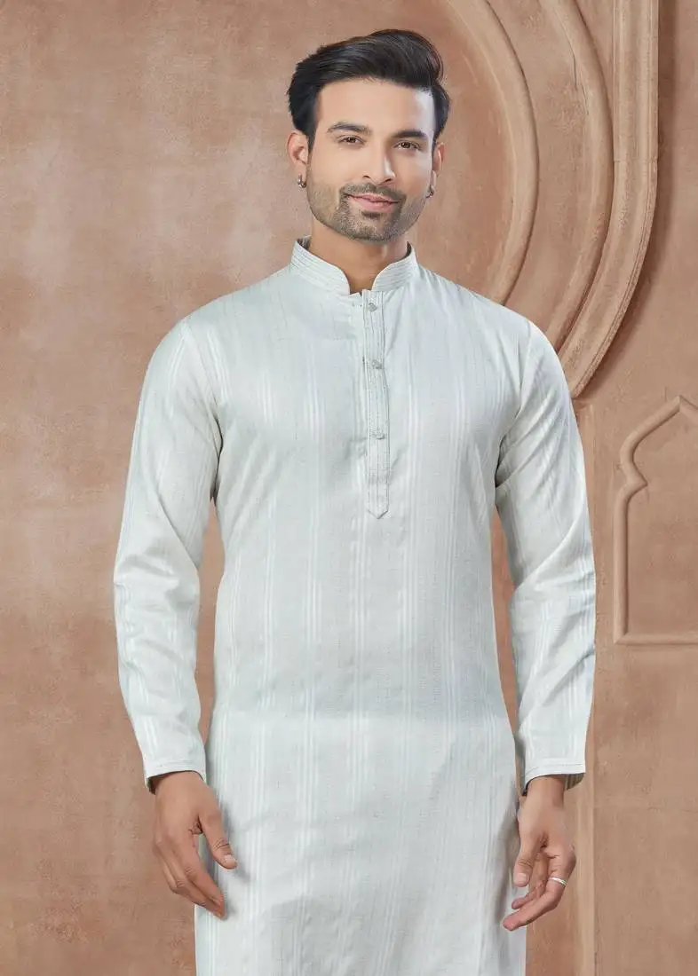 White heavy cotton with pintex work kurta pyjama for mens wear