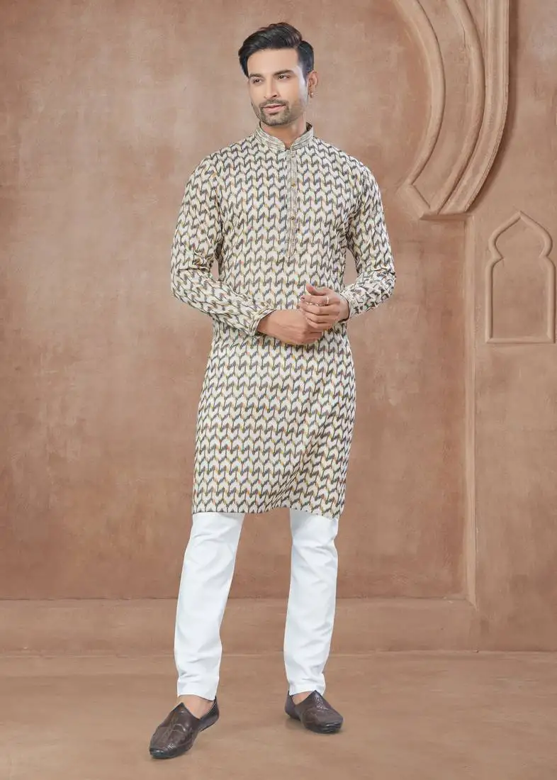 Off white heavy cotton with pintex work kurta pyjama for mens wear