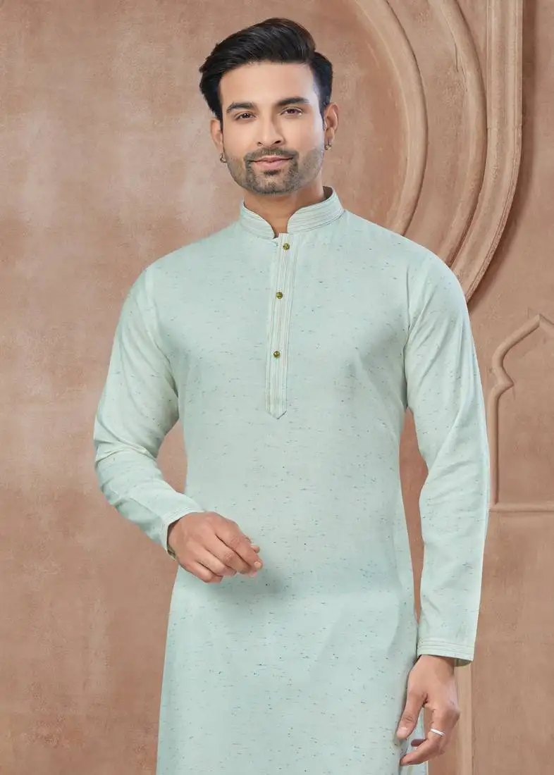 Mint green heavy cotton with pintex work kurta pyjama for mens wear