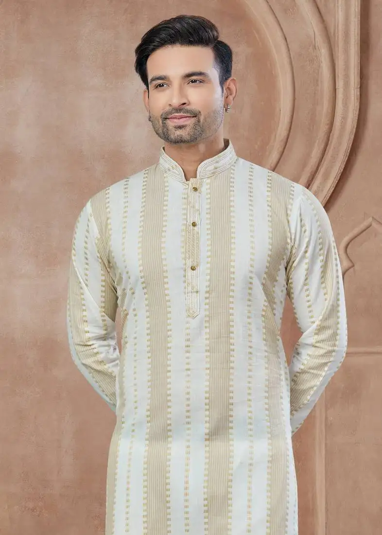 Cream heavy cotton with pintex work kurta pyjama for mens wear