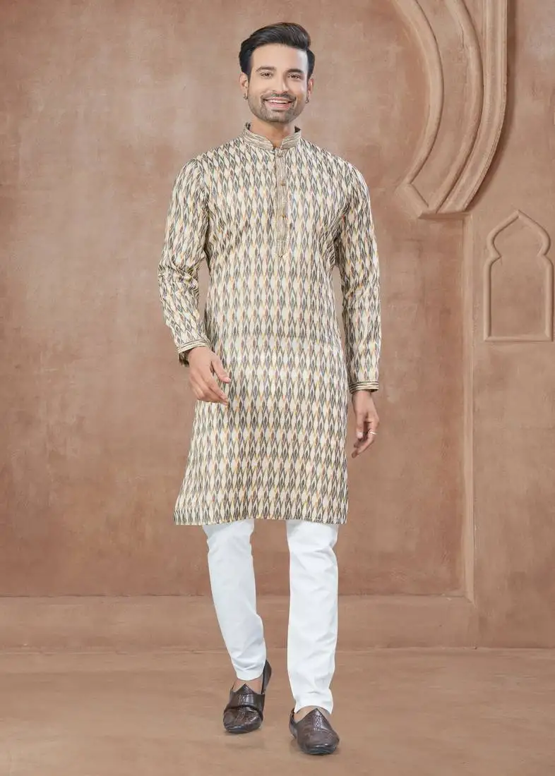 Brown heavy cotton with pintex work kurta pyjama for mens wear