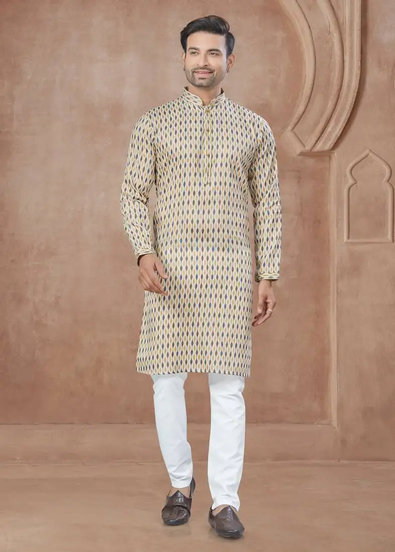 Light yellow heavy cotton with pintex work kurta pyjama for mens wear