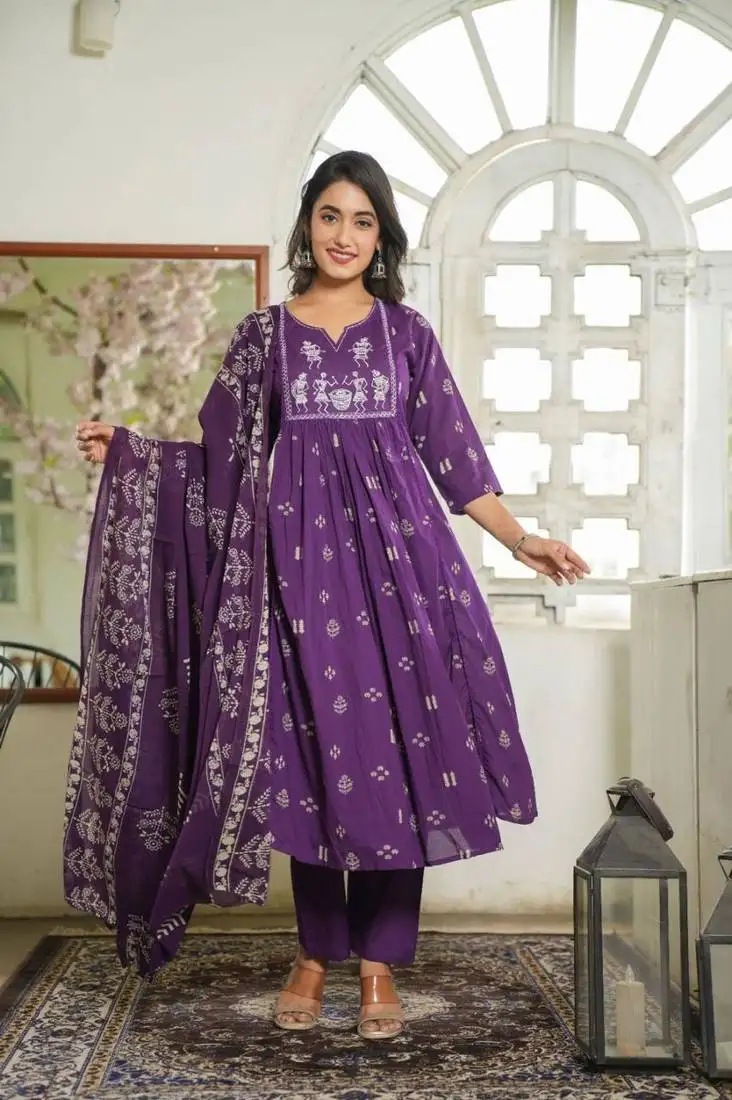 Purple cotton cambric anarkali kurti pant dupatta set