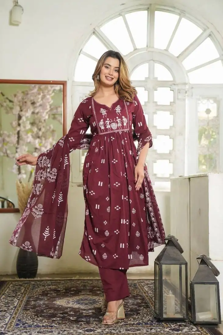 Maroon cotton cambric anarkali kurti pant dupatta set