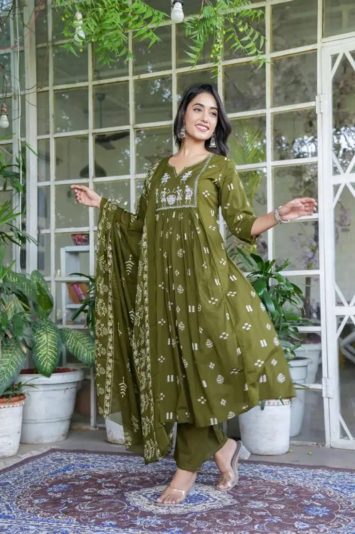 Olive cotton cambric anarkali kurti pant dupatta set