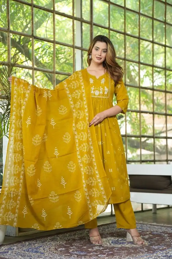 Mustard cotton cambric anarkali kurti pant dupatta set