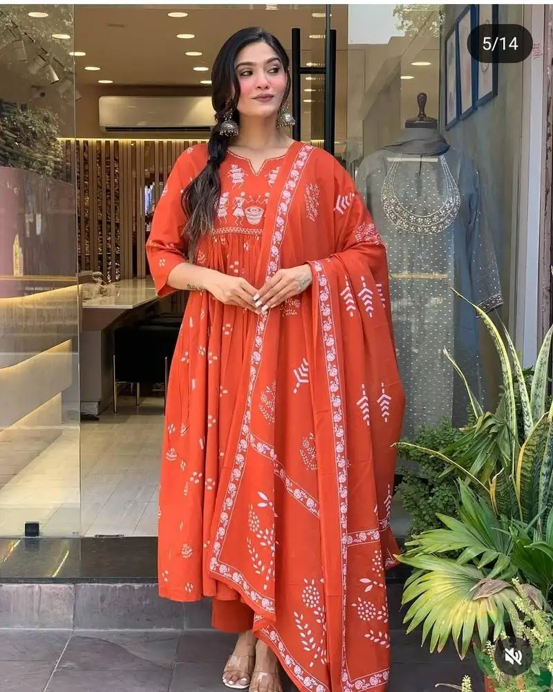 Red cotton cambric anarkali kurti pant dupatta set