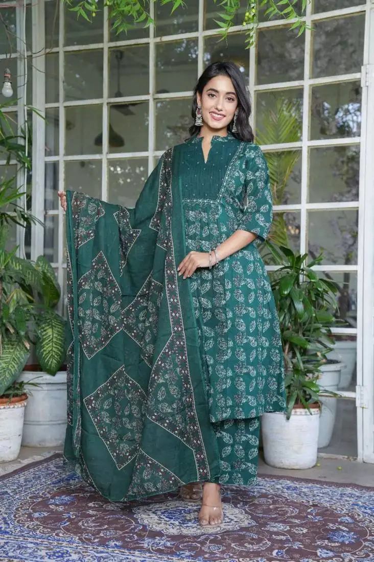 Teal cotton a-line kurti pant dupatta set
