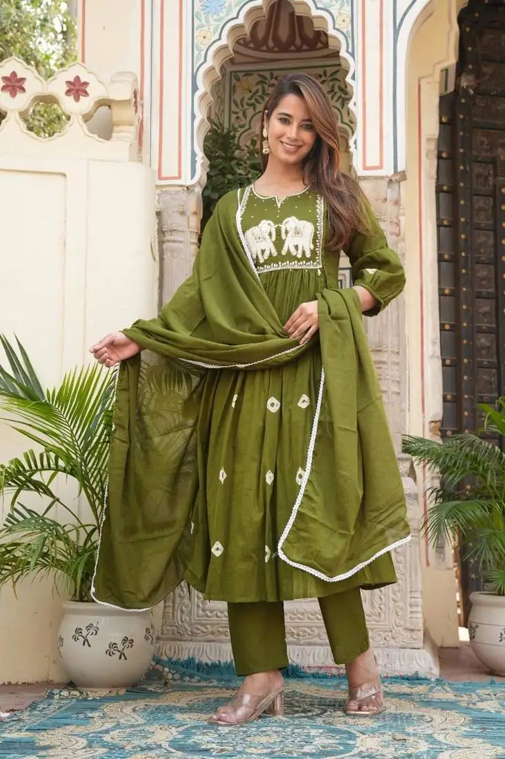 Green cotton printed anarkali kurti pant dupatta set