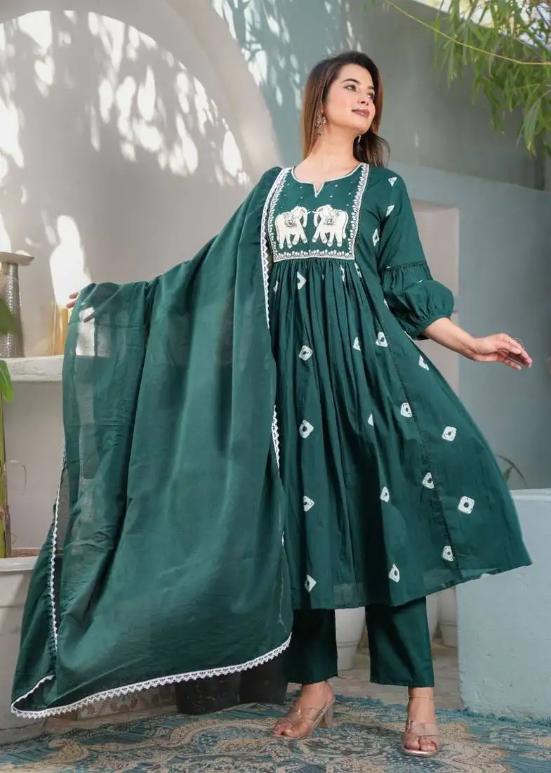 Teal cotton printed anarkali kurti pant dupatta set