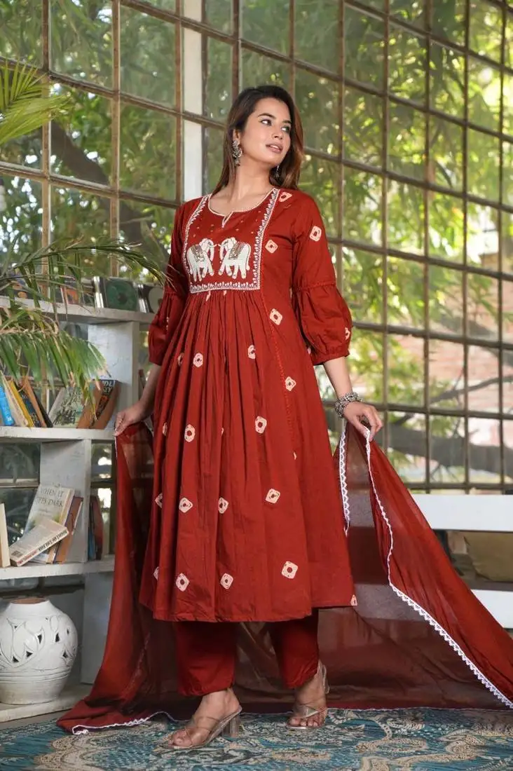 Red cotton printed anarkali kurti pant dupatta set