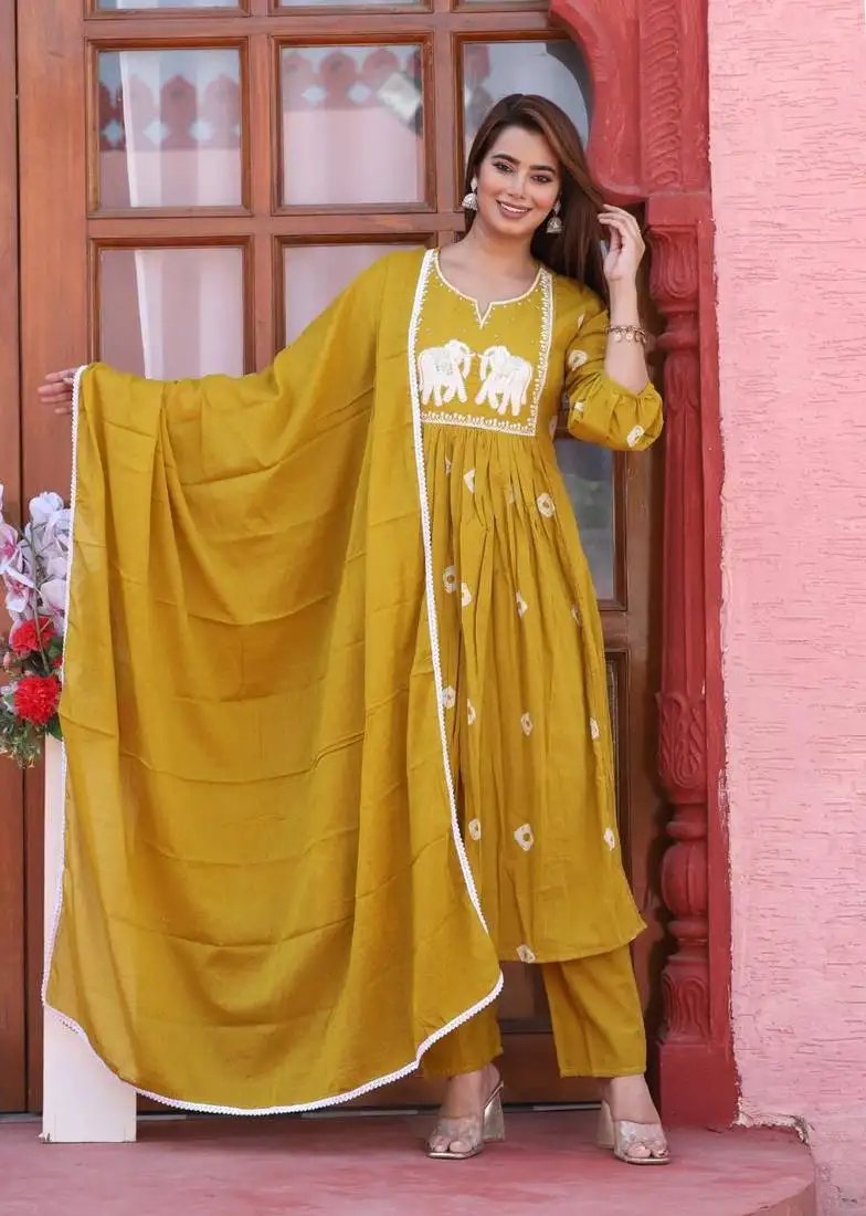 Mustard cotton printed anarkali kurti pant dupatta set
