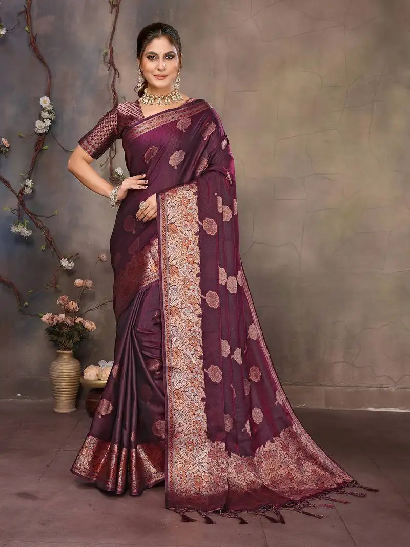 Magenta pink satin banarasi design saree with woven design border
