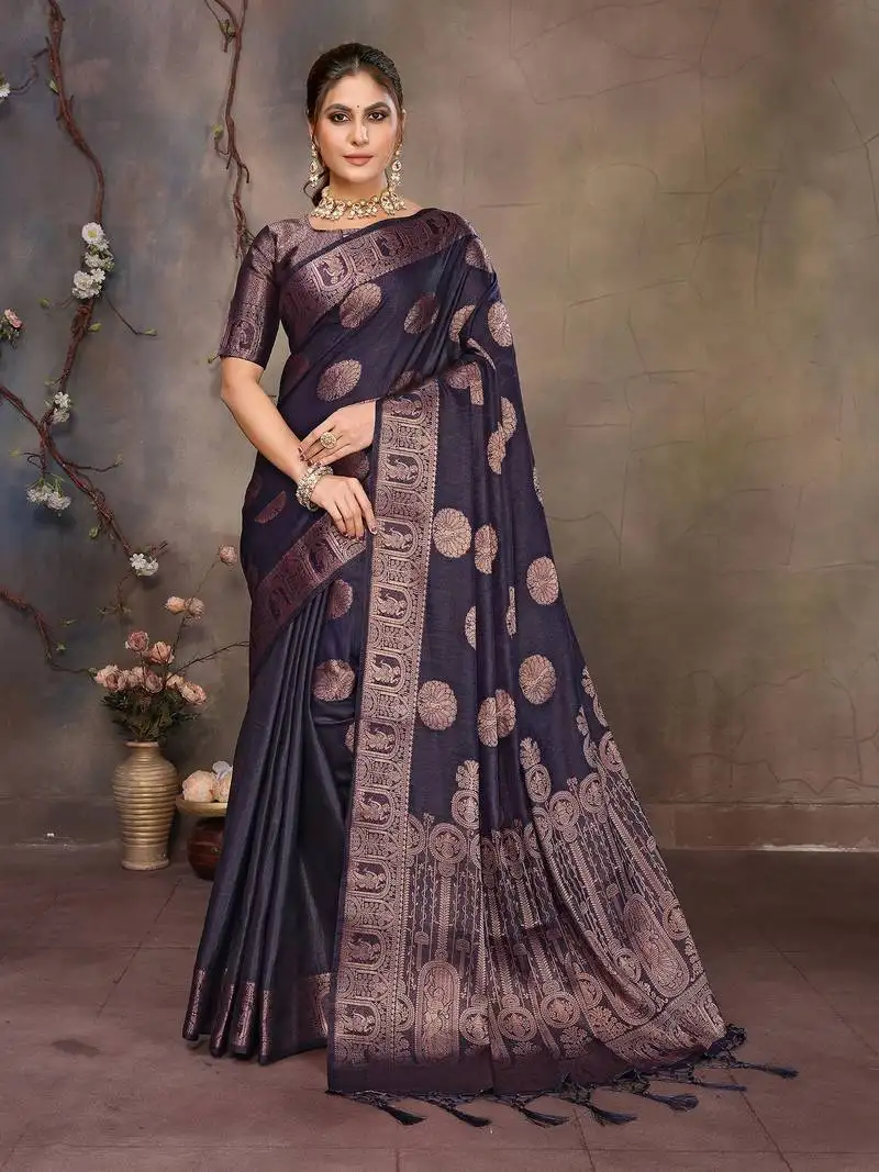 Navy blue satin banarasi design saree with woven design border