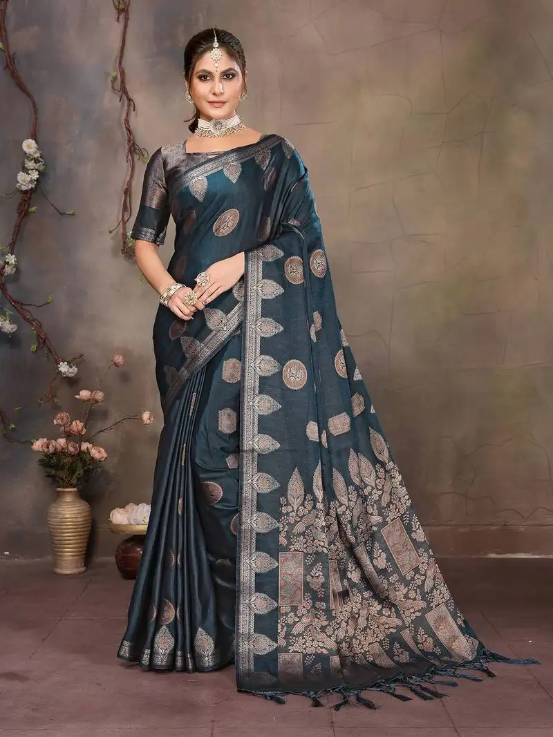 Teal blue satin banarasi design saree with woven design border