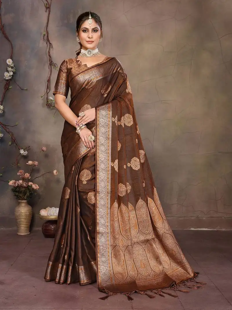 Copper satin banarasi design saree with woven design border