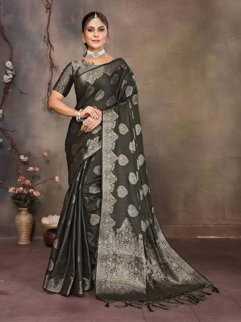 Dark green satin banarasi design saree with woven design border