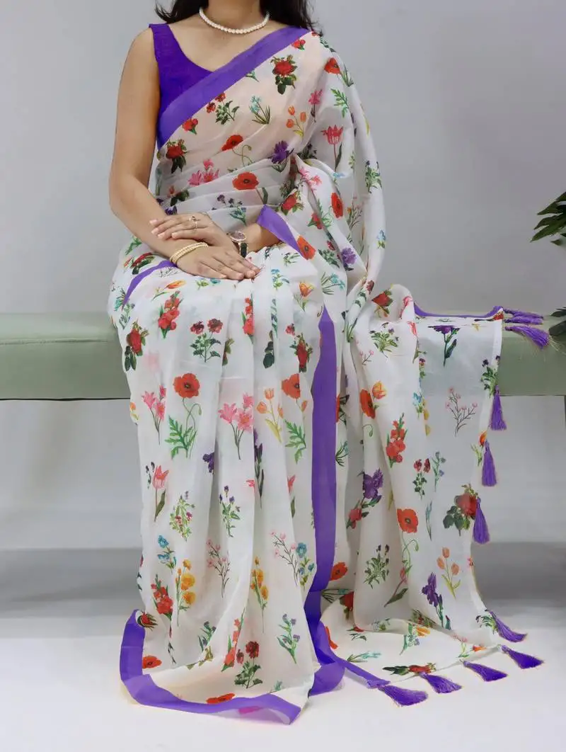 Purple all over floral printed linen saree with unstitched blouse