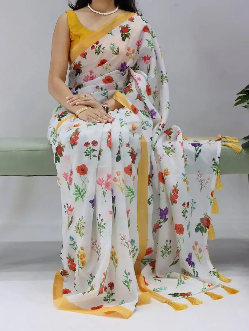 Yellow all over floral printed linen saree with unstitched blouse