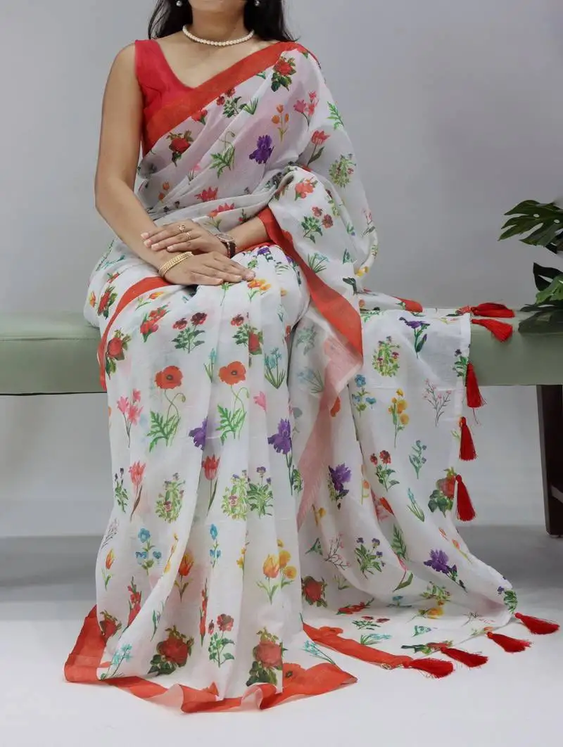 Red all over floral printed linen saree with unstitched blouse