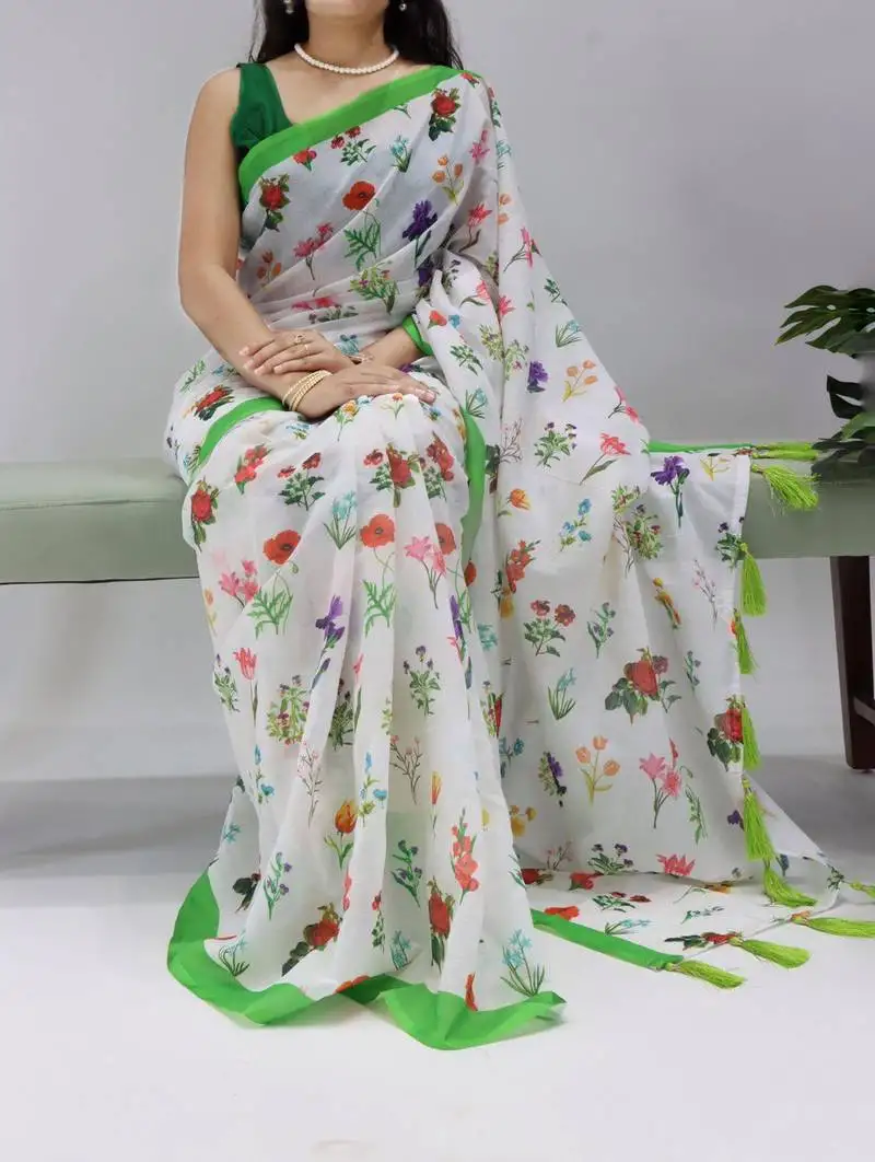 Parrot all over floral printed linen saree with unstitched blouse