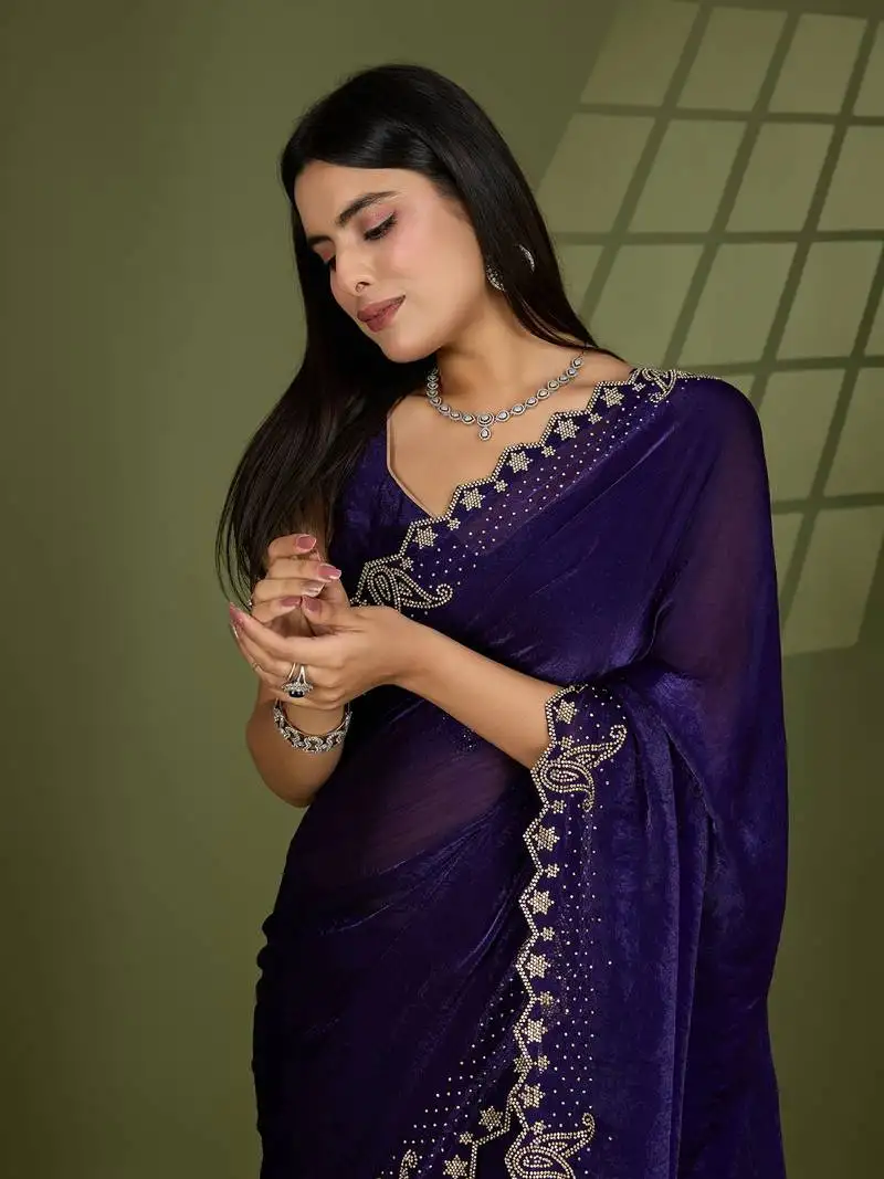 Violet silk blend swaroski work saree with unstitched blouse