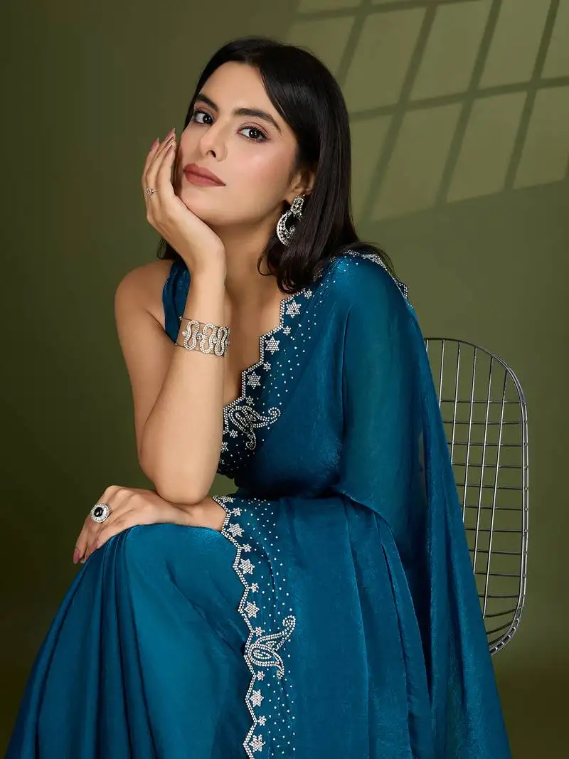 Teal silk blend swaroski work saree with unstitched blouse