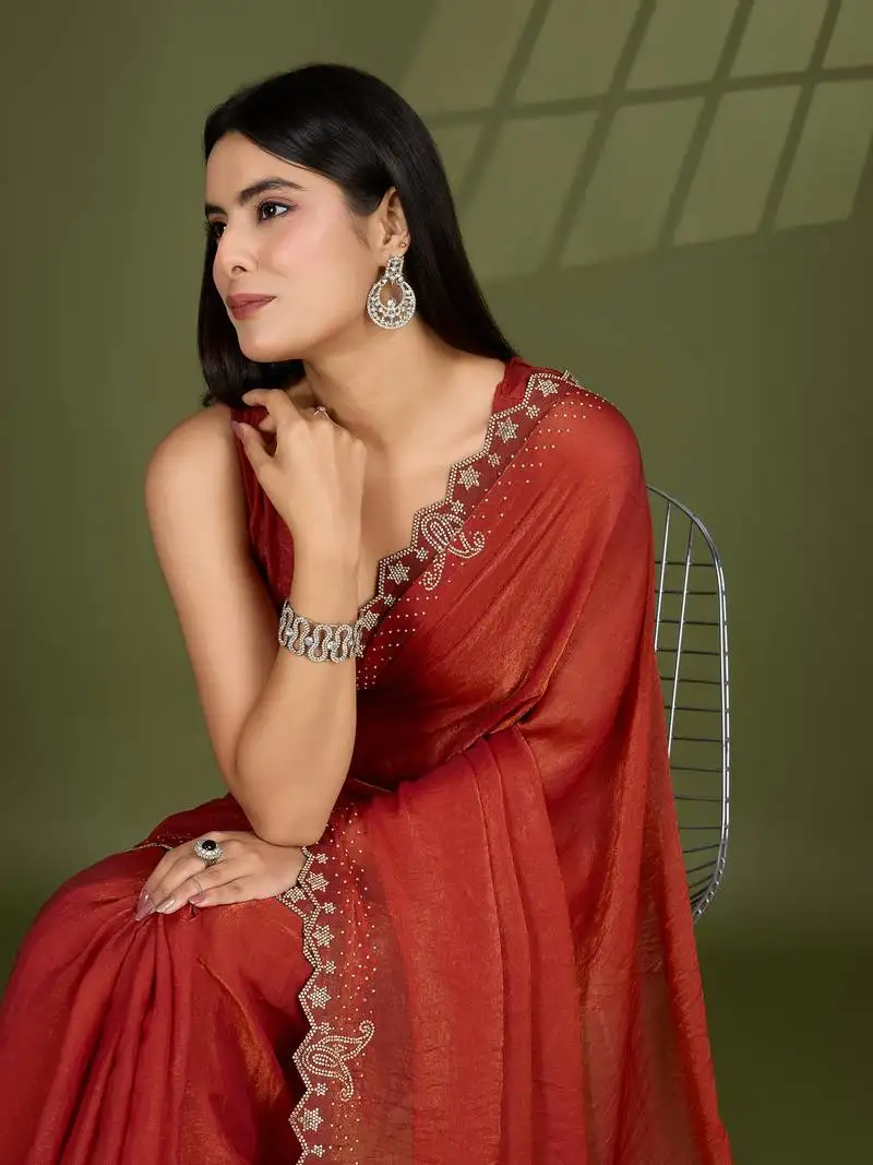 Orange silk blend swaroski work saree with unstitched blouse