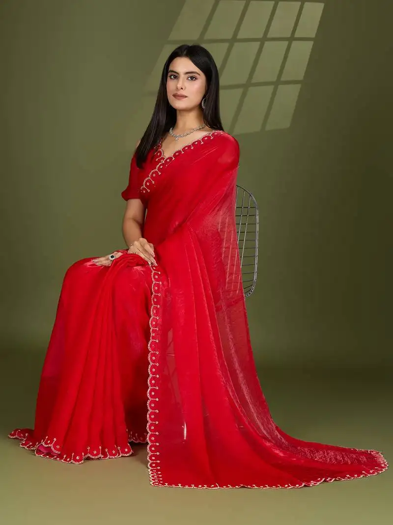 Red silk blend swaroski work saree with unstitched blouse