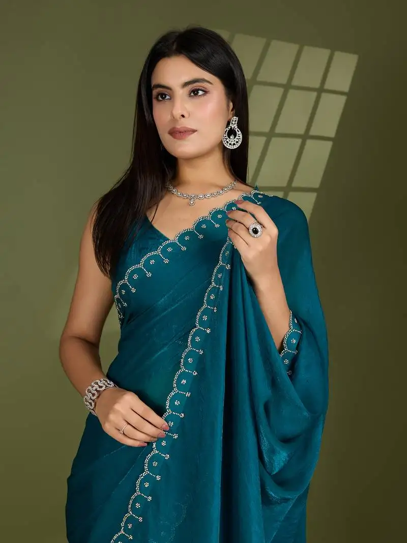 Rama silk blend swaroski work saree with unstitched blouse