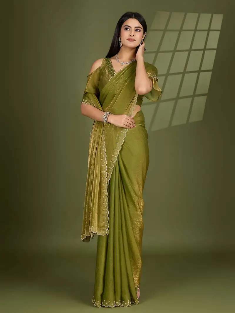 Pista silk blend swaroski work saree with unstitched blouse