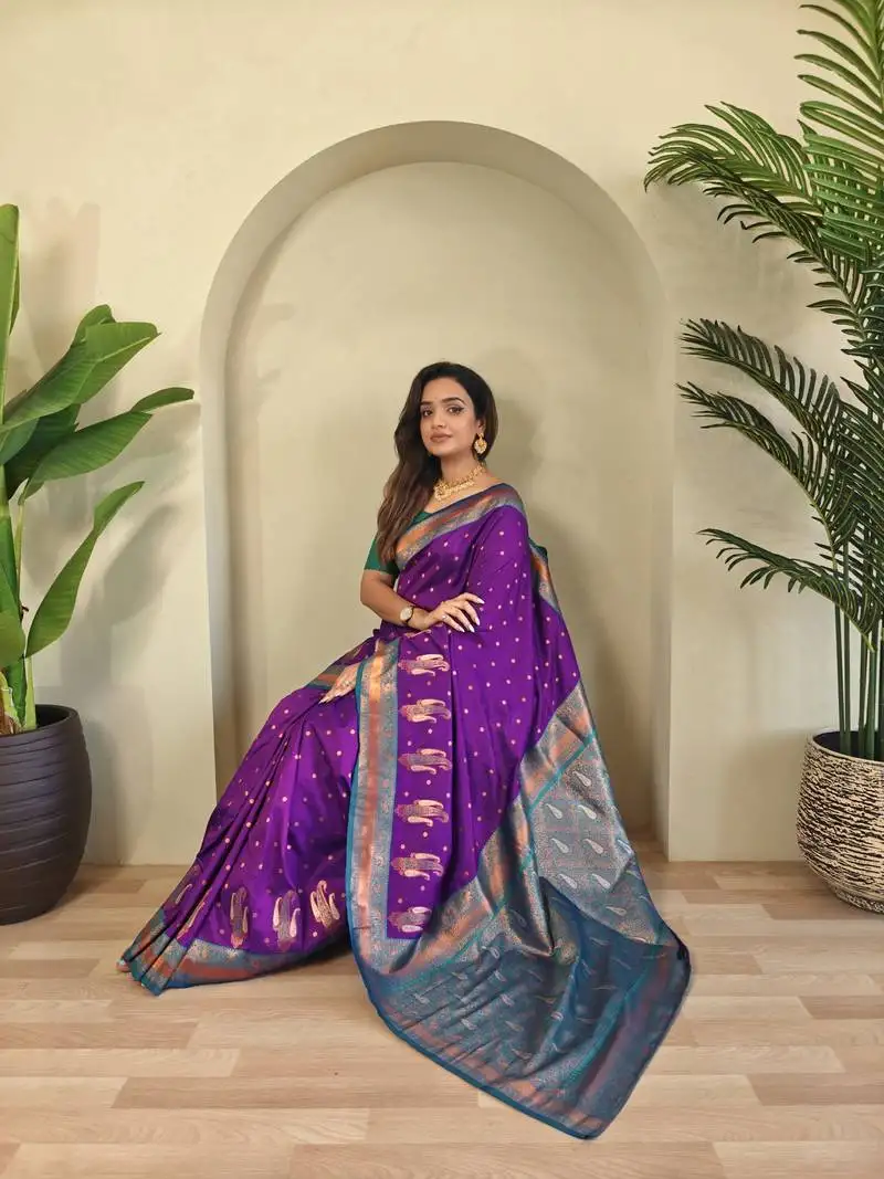 Purple paithani silk blend saree with contrast weaving pallu and blouse