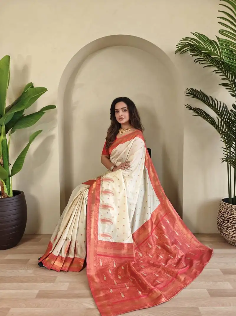 White paithani silk blend saree with contrast weaving pallu and blouse