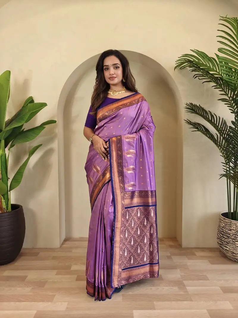 Lavender paithani silk blend saree with contrast weaving pallu and blouse