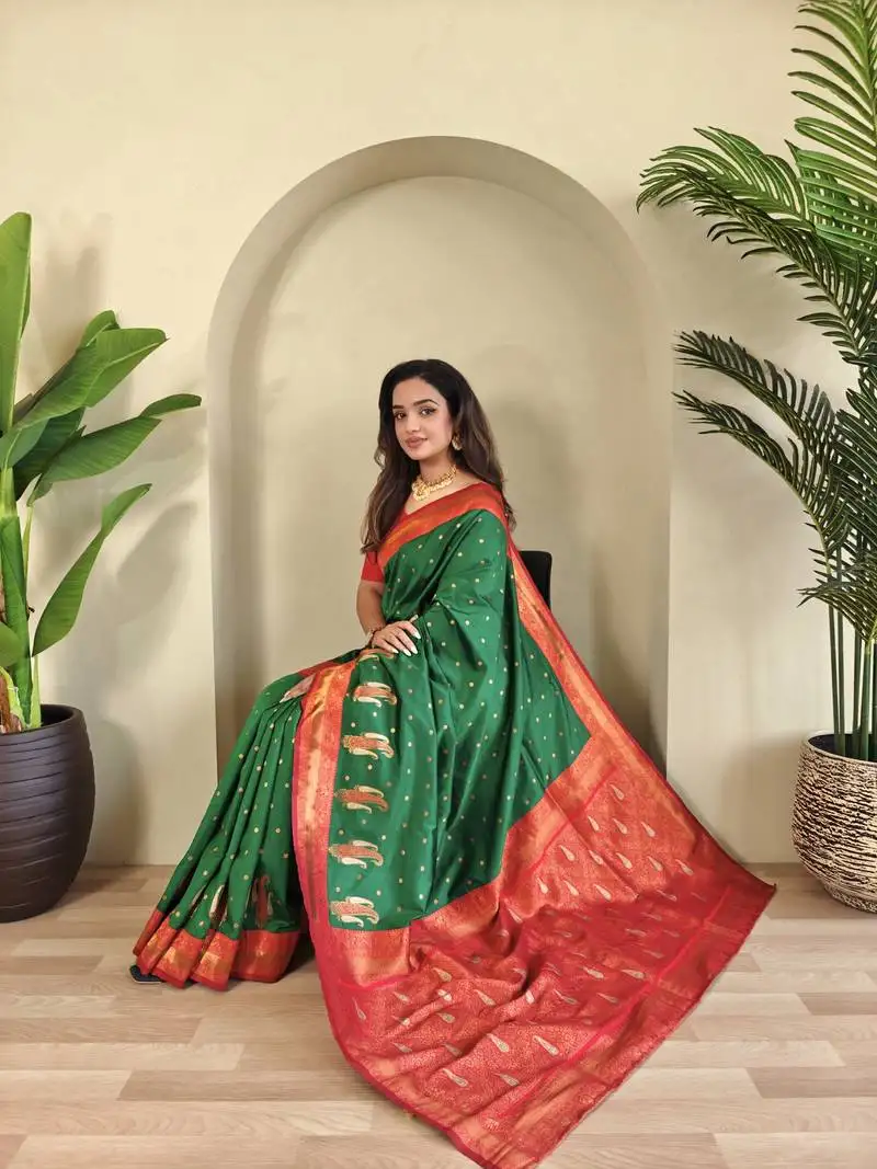 Green paithani silk blend saree with contrast weaving pallu and blouse