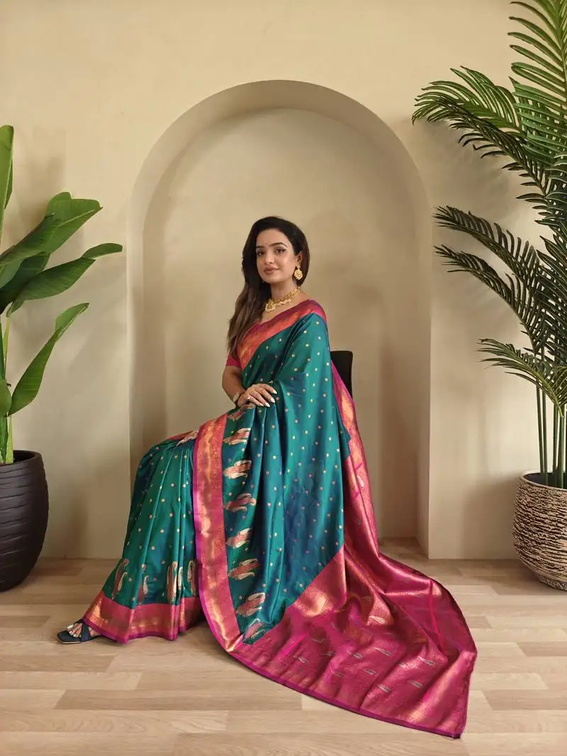 Rama paithani silk blend saree with contrast weaving pallu and blouse