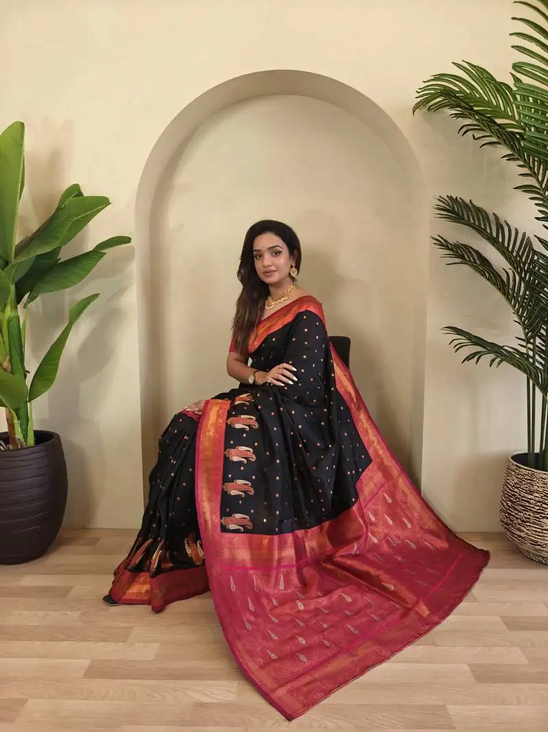 Black paithani silk blend saree with contrast weaving pallu and blouse