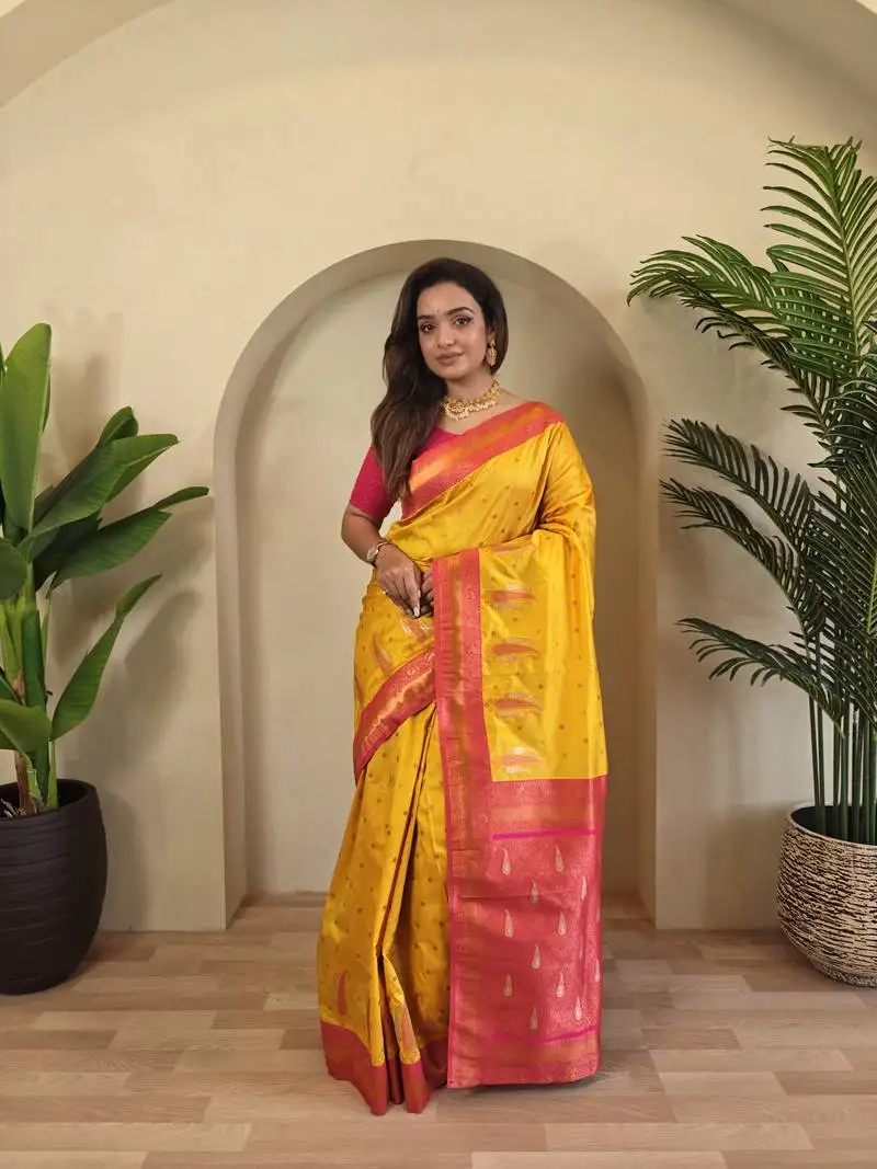 Yellow paithani silk blend saree with contrast weaving pallu and blouse