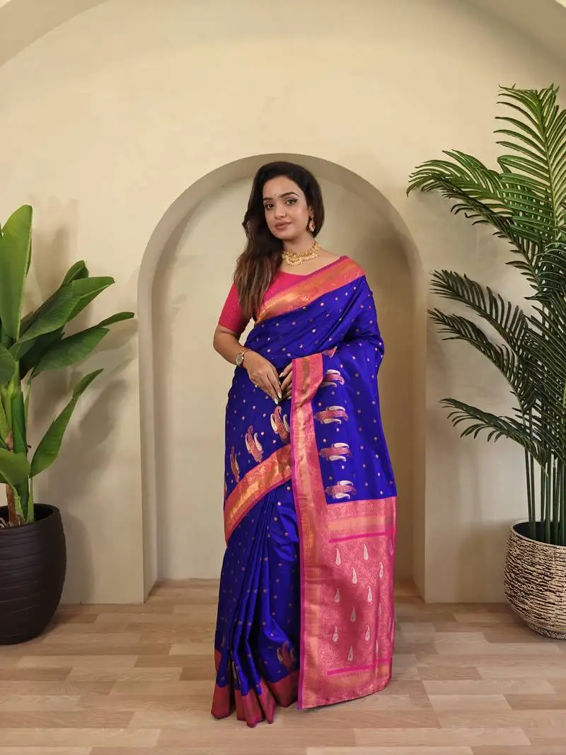 Violet paithani silk blend saree with contrast weaving pallu and blouse